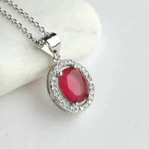 Natural Ruby white sapphire halo pendant necklace in Sterling Silver